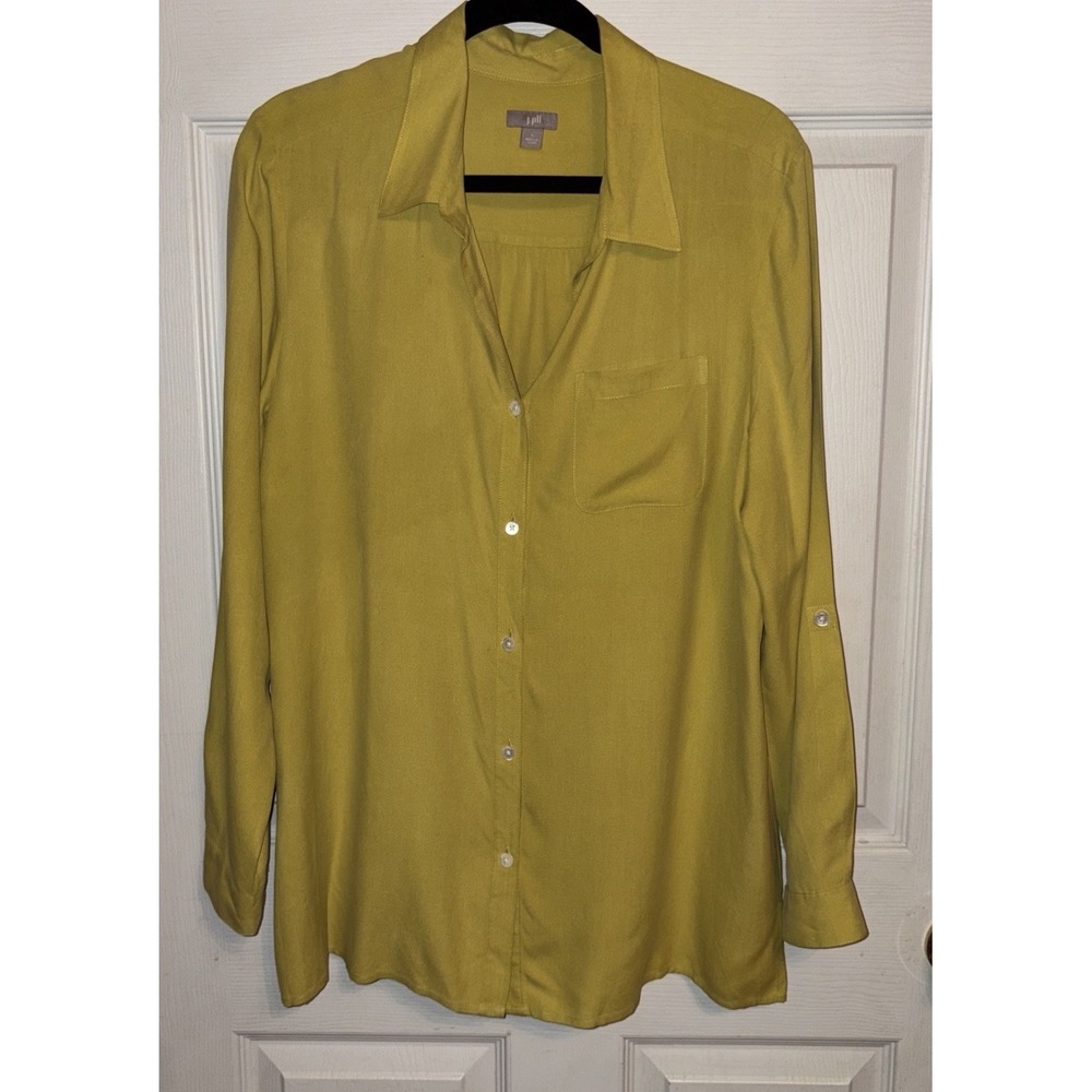 J. Jill L Chartreuse Yellow 100% Silk Button Up Blouse Roll Tab Pocket Shirt